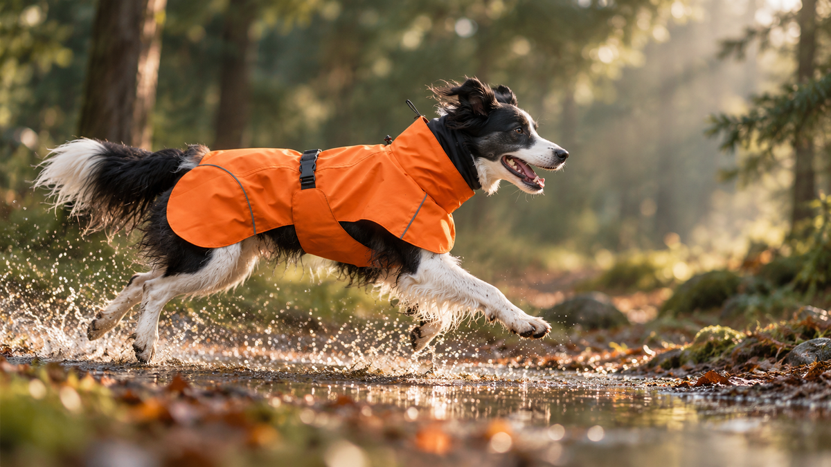 Border collie courant en parka orange.