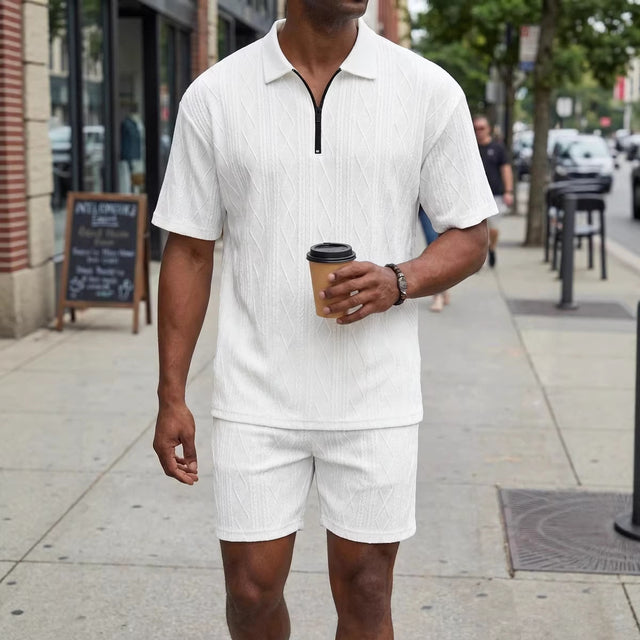 Riviera Jacquard Set — men's matching jacquard polo and shorts in black