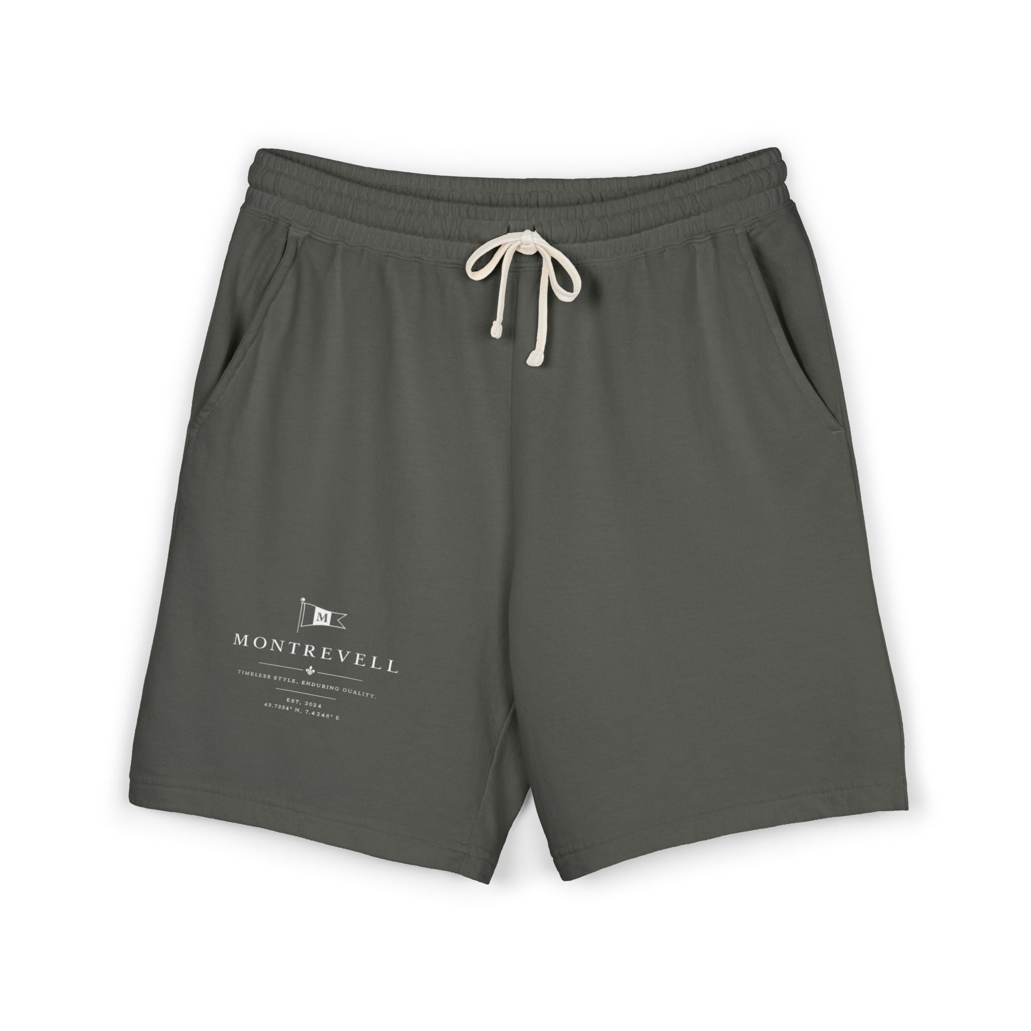 Lightweight Garment-Dyed Fleece Sweat Shorts — Minimal 'Montrevell' Logo