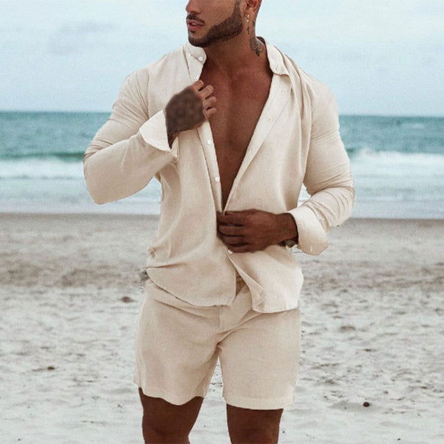 Portofino Linen Set — men's matching linen shirt and shorts set in beige