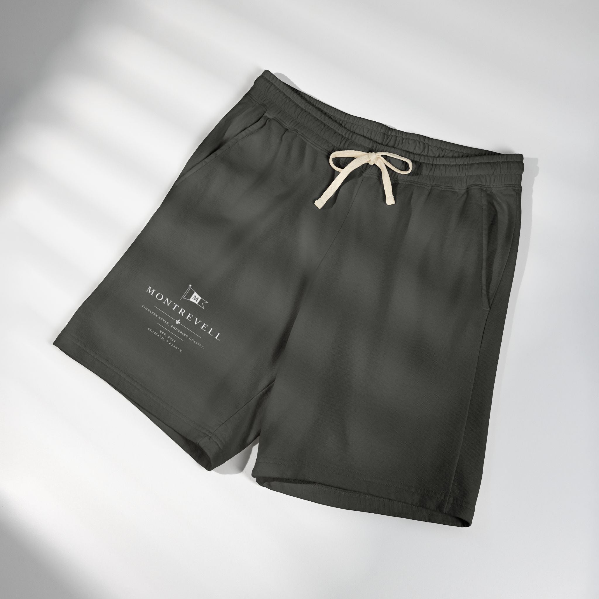 Lightweight Garment-Dyed Fleece Sweat Shorts — Minimal 'Montrevell' Logo