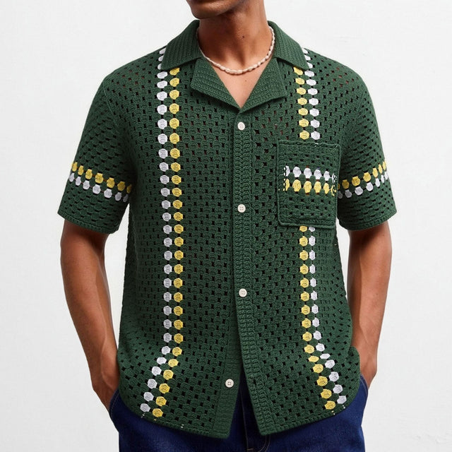 Crochet Riviera Shirt — men's hollow-out crochet knit beach shirt in green