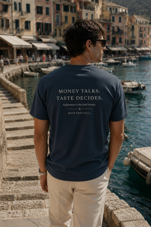Montrevell 'Money Talks. Taste Decides.' Men's Box Tee — Minimal Luxury Graphic T‑Shirt