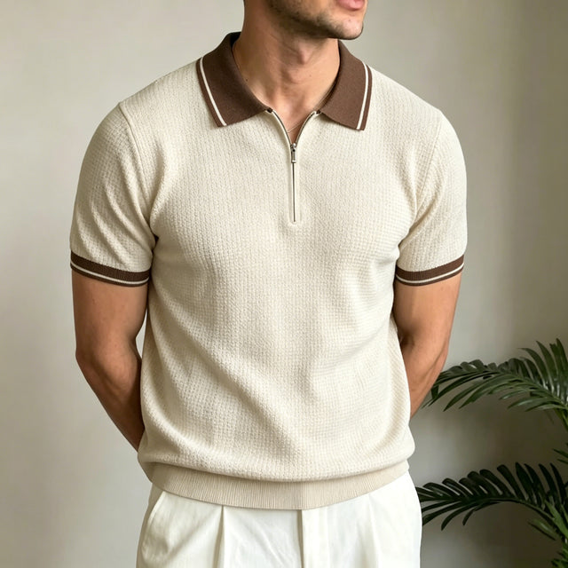 Portofino Zip Knit Polo — men's contrast zip polo shirt in beige