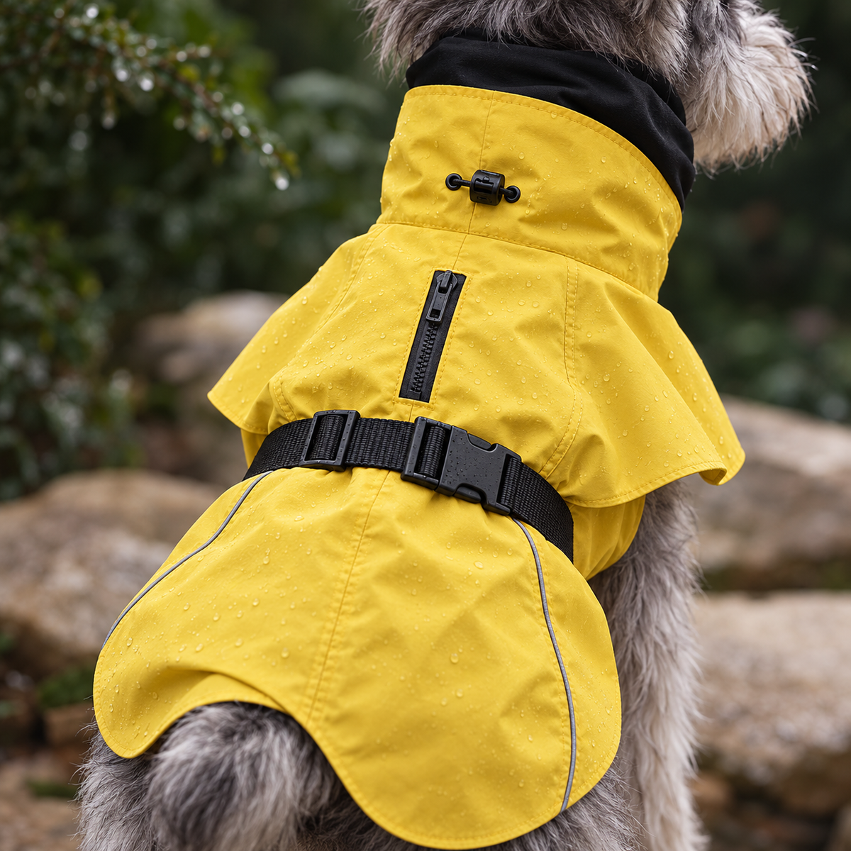 Vue rapprochée de la fermeture et de la sangle de la parka jaune.