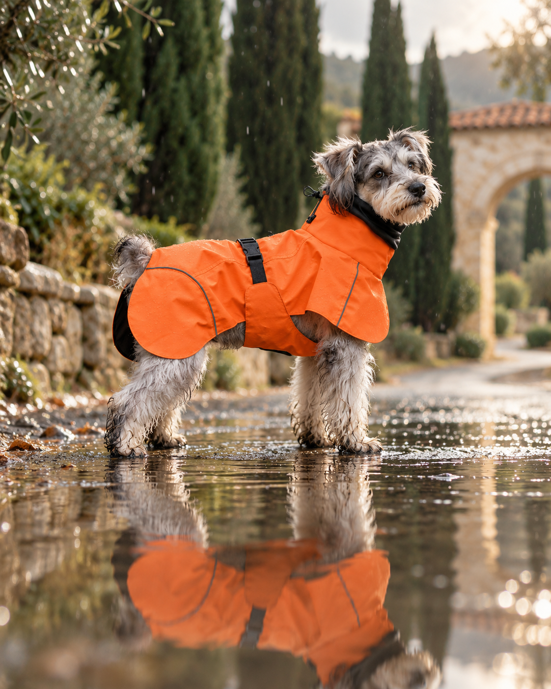 Schnauzer en parka orange et son reflet dans une flaque.