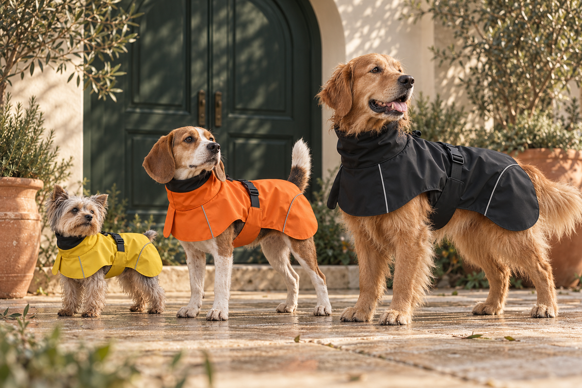 Trois chiens de gabarits différents portant des parkas.